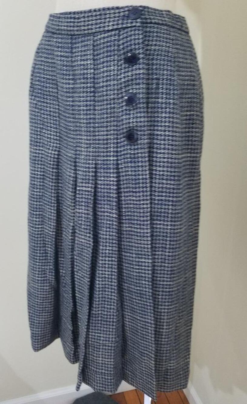 Weathervane Wool Pleated Wrap Skirt Navy Blue Herringbone Midi Skirt Vtg 12